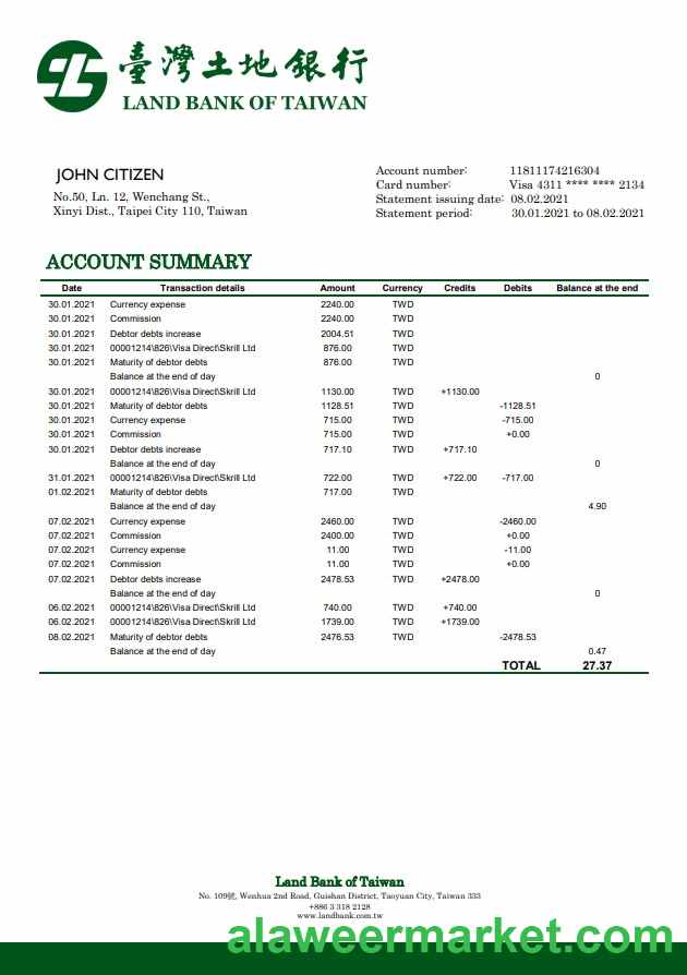 Taiwan Land Bank of Taiwan bank statement template in Word and PDF format